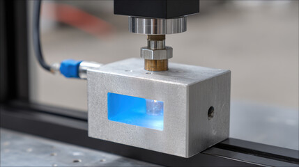 High precision lithography machinery features metallic component with blue illuminated window, showcasing advanced technology and engineering. This equipment is essential for intricate