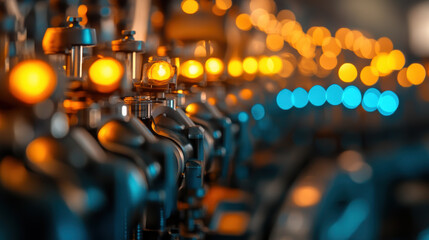 High precision machinery with illuminated controls showcases blend of technology and artistry. vibrant orange and blue lights create captivating atmosphere, highlighting intricate design