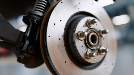 High resolution shot of car brake disc showcasing detailed components, including bolts and ventilation holes, emphasizing precision engineering and automotive design