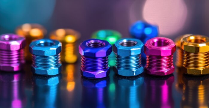 Close-up of vibrant colorful metallic screws and bolts, showcasing industrial fasteners with bright anodized finishes and reflective surfaces arranged in a line.