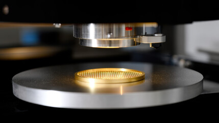 High precision macro shot of golden wafer under exposure process, showcasing intricate details and advanced technology in laboratory setting. image captures essence of innovation and precision