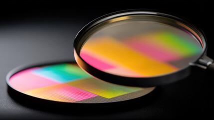 Macro shot of wafer under magnifying glass, showcasing vibrant colors and intricate patterns. image captures detailed texture and design, evoking sense of precision and technology