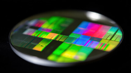 Macro shot of silicon wafer showcasing vibrant colors and intricate patterns, highlighting exposure process in semiconductor manufacturing. image captures high fidelity and detail of wafer surface