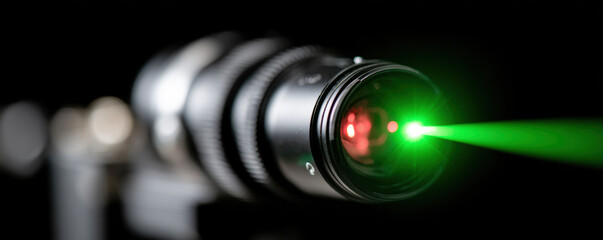 High precision optics lens with green laser beam, showcasing advanced technology in optical engineering. image captures intricate details of lens and its components, emphasizing clarity and focus