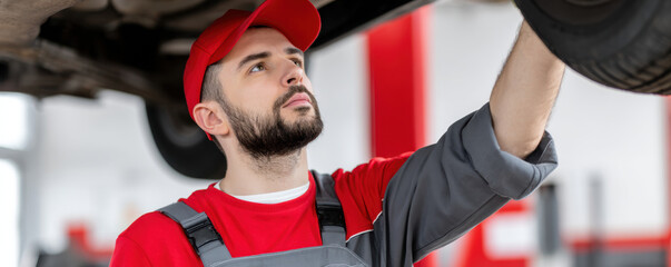 Professional mechanic inspecting vehicle suspension alignment with focus and precision, ensuring safety and performance in automotive repair