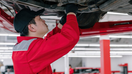 Professional technician inspects car suspension with precision and care, ensuring optimal performance and safety. workshop environment is well lit and organized, reflecting commitment to quality