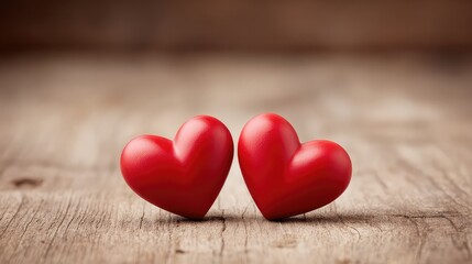 Fototapeta premium Two Red Hearts on Rustic Wood: A sweet and simple Valentine's Day concept featuring two plush red hearts nestled together on a rustic wooden surface, radiating love and affection.