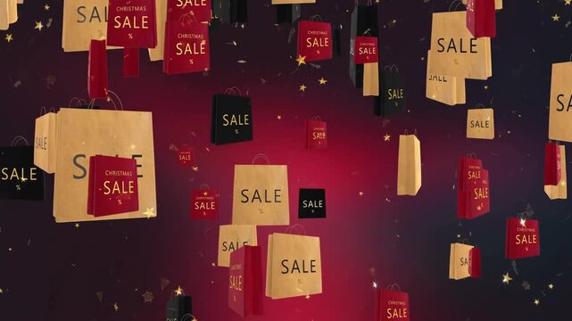 Festive Christmas shopping bags filled with gifts and decorations. Holiday sale concept with seasonal colors, retail promotion, consumerism, and joyful winter atmosphere.