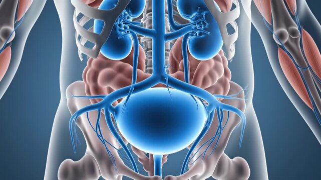 Medical illustration of human urinary system and internal organs