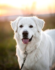 Portrait of a Happy Great Pyrenees Dog on a Sunny Day.
