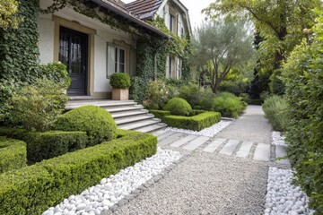 Garden path with stone steps lined with greenery and decorative rocks at a house during daytime creates a welcoming atmosphere for visitors