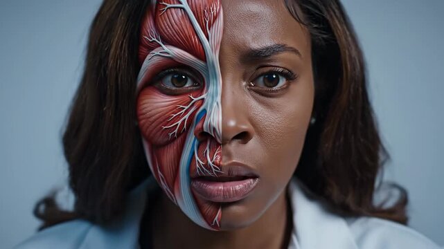 Medical illustration showing human anatomy on young womans face