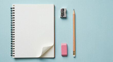 Minimalist flat lay of blank notebook with pencil, sharpener, and eraser arranged on a pastel background for creativity, planning, education, and workspace design concepts.
