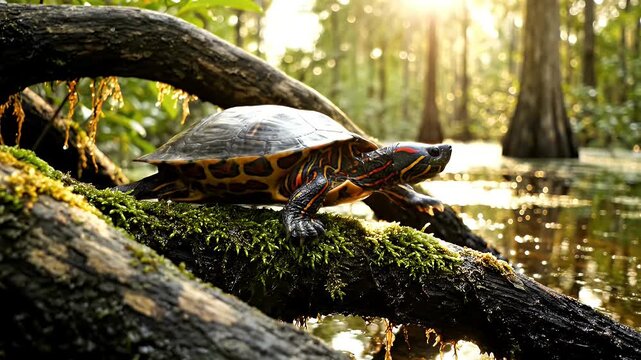 Turtle basking on a mossy log in a serene swamp environment with sunlight.