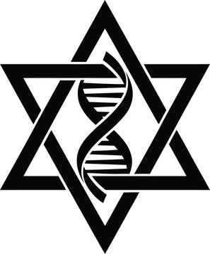Raelian movement symbol featuring double helix dna strand intertwined with star of david hexagram representing scientific creationism by extraterrestrials concept black icon sign logo.