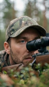 Close-up of a hunter in camouflage aiming a rifle through a telescopic scope in the forest. Focused man looking through a gun sight while hunting in the woods. Outdoor sport concept