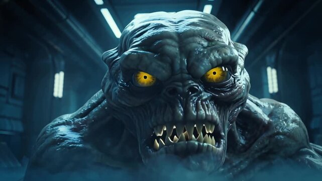 Cinematic 4K video grotesque alien creature emerging glowing mist, dozens of twitching eyes, organic slimy skin, bioluminescent reflections, abandoned futuristic laboratory environment neon volumetric