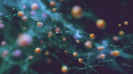 Close-up of a group of small orange spheres floating in the air. the spheres appear to be spherical in shape and are connected by thin, green lines.