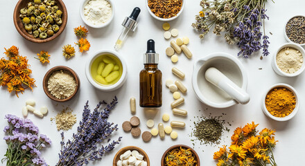 Collection of herbal supplements with flowers, capsules, and a mortar and pestle symbolizing natural remedies, botanical nutrition, and holistic healing.