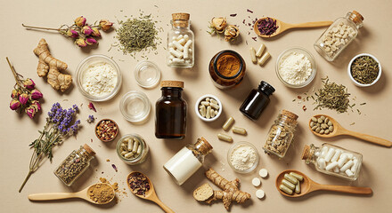 Flat lay arrangement of natural herbs, spices, and essential oil bottles illustrating organic wellness, traditional medicine, and holistic health concepts