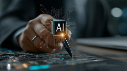 AIチップを操作するビジネスマンの最先端テクノロジー分析シーン