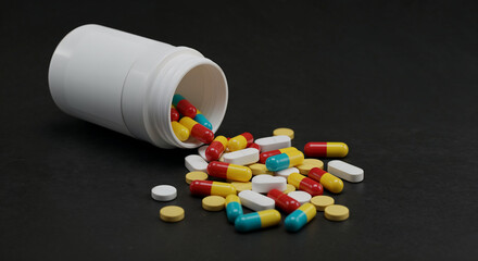 Spilled medicine bottle with colorful capsules on a dark background conveying pharmaceutical treatment, healthcare urgency, and medical risk awareness.