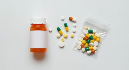 White- labeled medical bottle with scattered pills on a clean background representing modern healthcare, pharmaceutical use, and clinical treatment concepts.