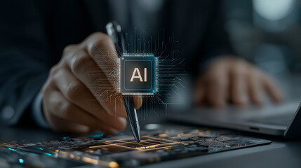 AIチップを操作するビジネスマンの最先端テクノロジー分析シーン