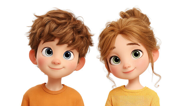 3D animated siblings portrait featuring a boy with blue eyes and a girl with green eyes wearing orange attire.