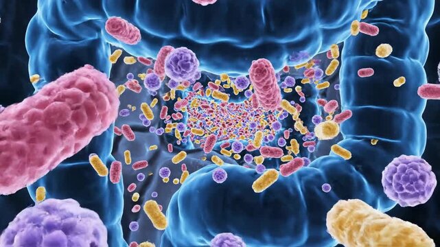 Medical illustration of intestinal microbiome and digestive system