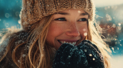 Young Woman Smiling in Winter with Warm Knit Hat and Gloves