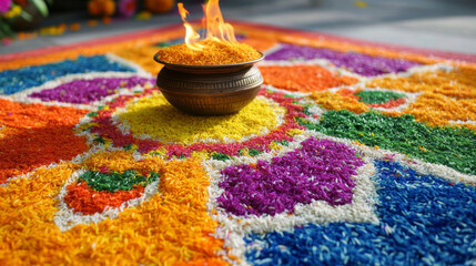 Colorful Rangoli Pattern with Diya Lamp for Diwali Festival