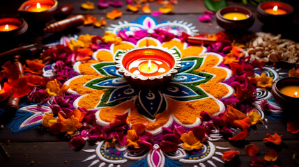 Colorful Rangoli Pattern with Diya Lamp for Diwali Festival