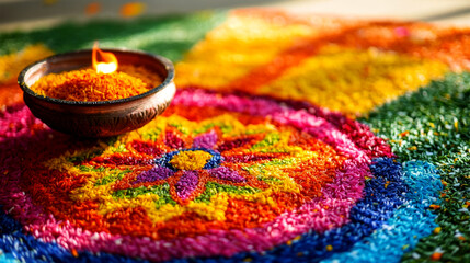 Colorful Rangoli Pattern with Diya Lamp for Diwali Festival