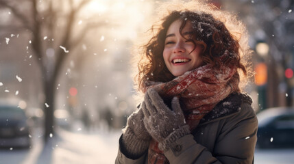 Young Woman Smiling in Winter with Warm Knit Hat and Gloves