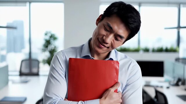 Smiling Asian Businessman Holding Red Folder in Modern Office Environment.