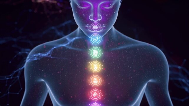 close-up of a meditating person's face, eyes closed, calm expression chakra luminous floating symbols along body, radiant auras purple, blue, green, yellow, orange, red flowing outward cosmic particle