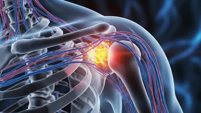 Medical illustration of shoulder joint anatomy with highlighted pain area
