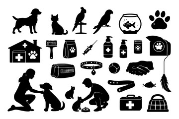 Pet care silhouettes: animals, supplies, and humans in veterinary context.