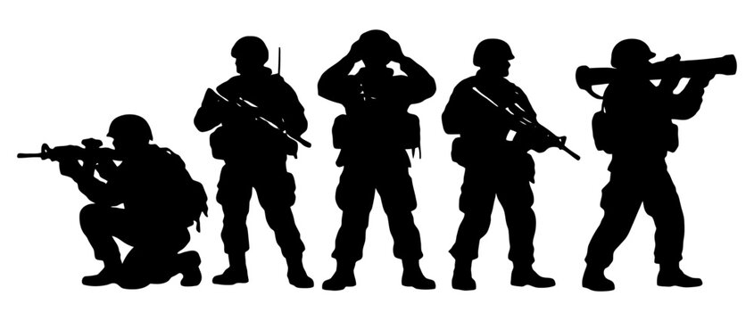 Armed Military Soldiers Silhouette Set With Tactical Weapons And Combat Poses Vector Illustration.