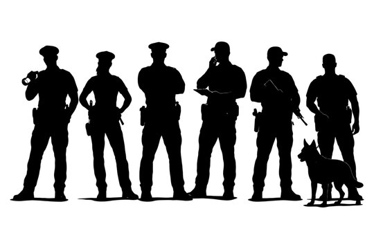 Silhouettes of male police officers and k9 unit.