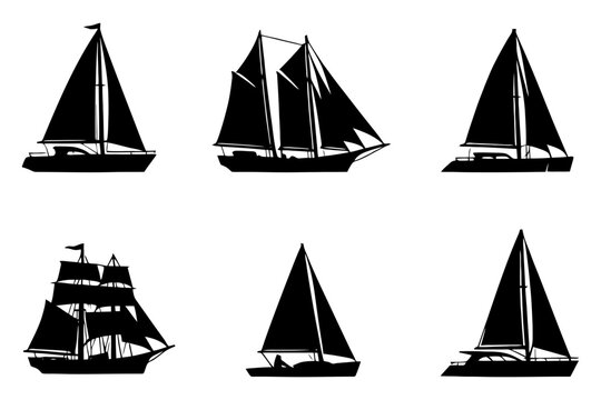 Sailing Boat Silhouettes Set Vector illustration.