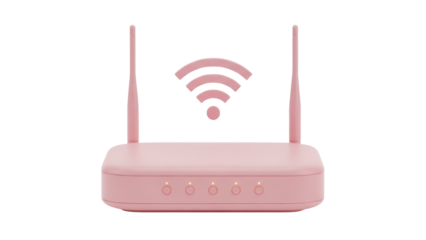 Pink wireless router PNG isolated on transparent background, modern network device with antennas for internet connection and home wifi