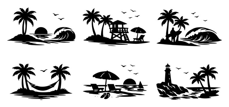 Tropical beach scenes with palms sunsets waves and lighthouses.
