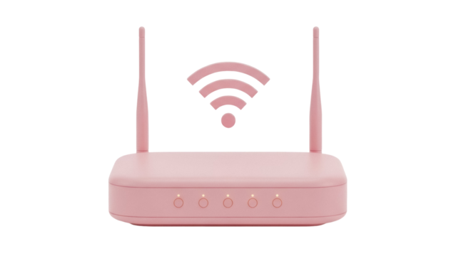 Pink wireless router PNG isolated on transparent background, modern network device with antennas for internet connection and home wifi - Powered by Adobe