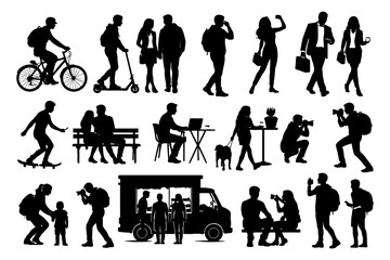 Silhouettes of diverse people engaging in daily outdoor activities.