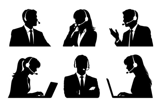 Silhouettes of business professionals using headsets in conversation and work situations.