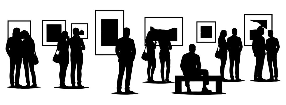 Art gallery visitors silhouette set. vector illustration.
