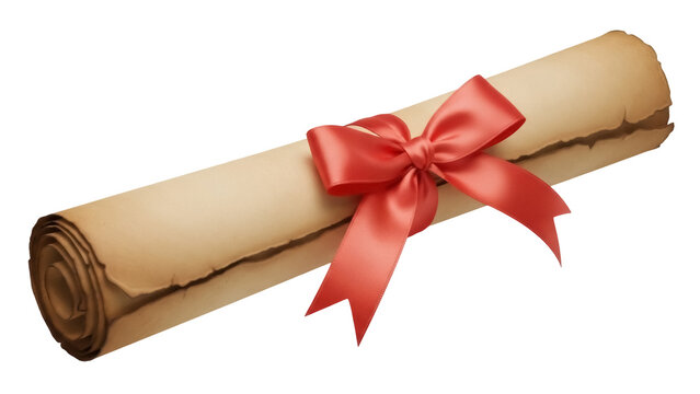 Aged paper scroll with red ribbon isolated PNG, vintage parchment document tied with bow on transparent background for invitations and certificates