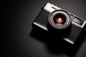 暗い背景にスポットライトが当たった古いフィルムカメラ